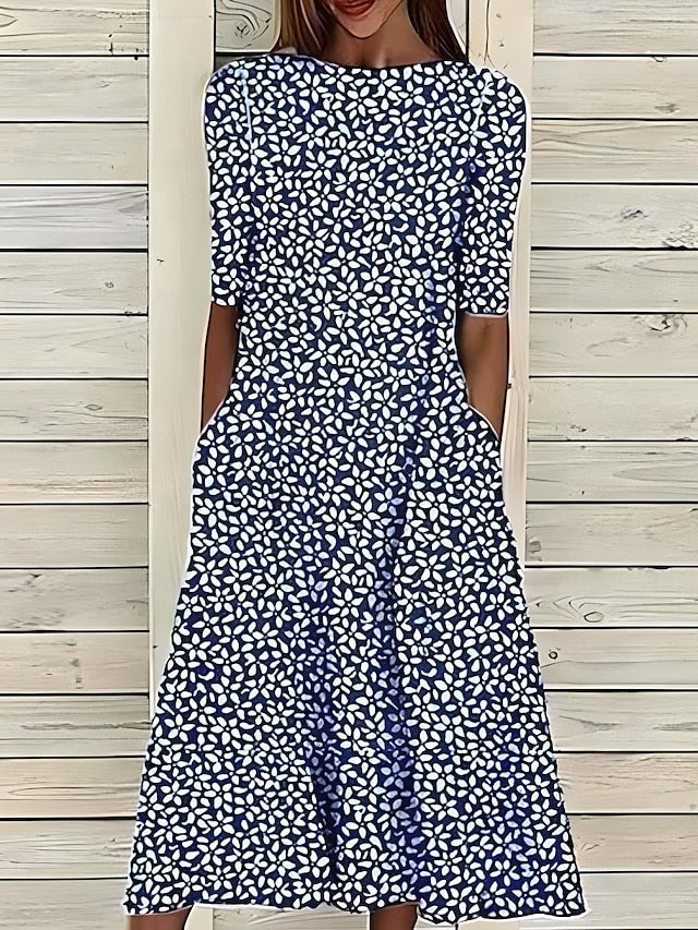 Damen Midikleid mit Küstenblumenmuster und kurzen Ärmeln